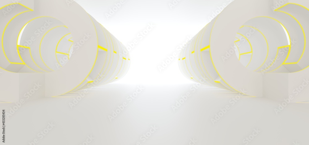 Luxury white abstract architectural minimalistic background. Contemporary showroom. Modern exhibition stand. Empty gallery. Backlight. Polygonal Graphic Design. 3D illustration and rendering.