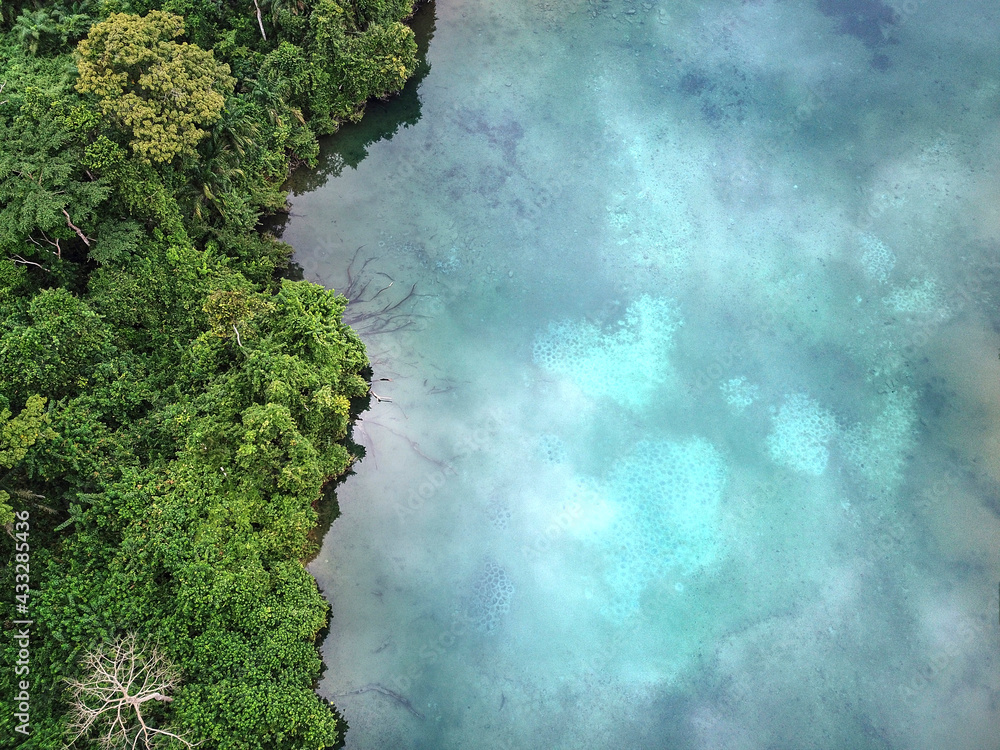 Gabon, Aerial view of turquoise colored Lac Bleu lake Gabon, Aerial view of turquoise colored Lac Bleu lake