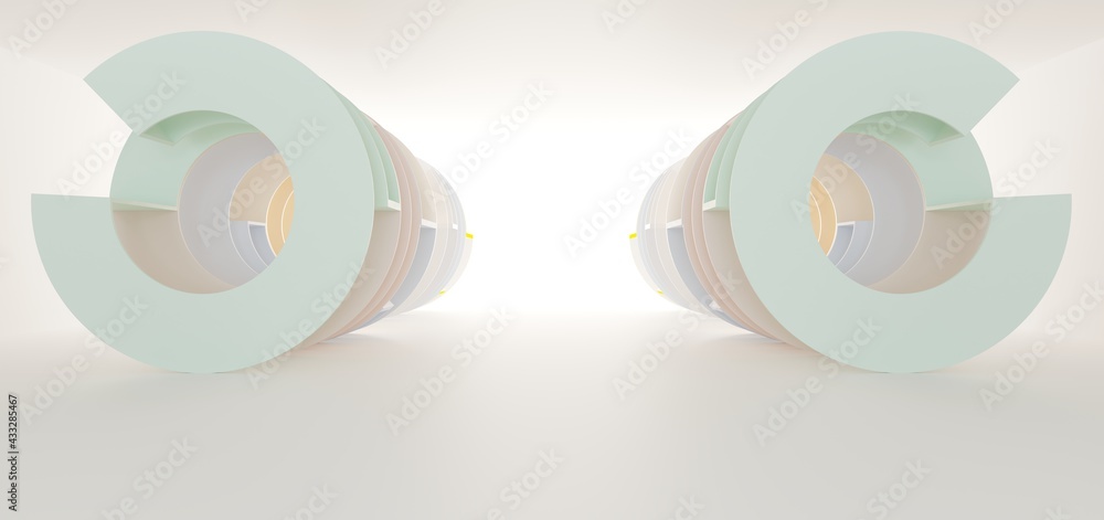 Luxury parametric abstract architectural minimalistic background. Contemporary showroom. Modern colored glass exhibition tunnel. Empty gallery. Backlight. 3D illustration and rendering.