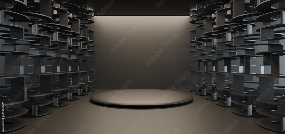 Luxury parametric abstract architectural minimalistic background. Contemporary showroom. Modern black exhibition tunnel. Empty gallery. Stand, table. Interior backlight. 3D illustration and rendering.