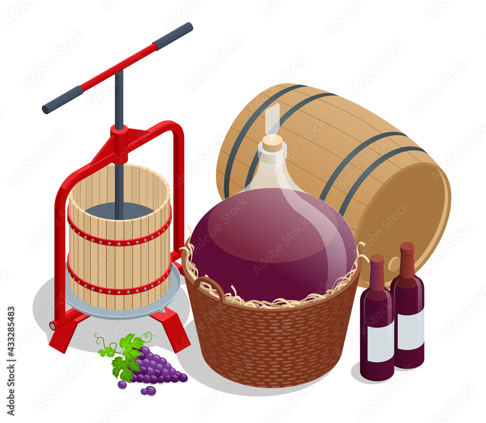 Isometric Wine production, crushing and pressing grapes, aging and bottling concept. Grape harvest Winepress with red must and helical screw - obrazy, fototapety, plakaty 