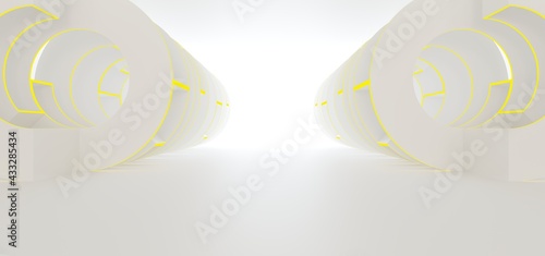 Obraz na płótnie Luxury white abstract architectural minimalistic background. Contemporary showroom. Modern exhibition stand. Empty gallery. Backlight. Polygonal Graphic Design. 3D illustration and rendering.
w salonie