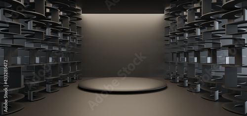 Obraz na płótnie Luxury parametric abstract architectural minimalistic background. Contemporary showroom. Modern black exhibition tunnel. Empty gallery. Stand, table. Interior backlight. 3D illustration and rendering. w salonie