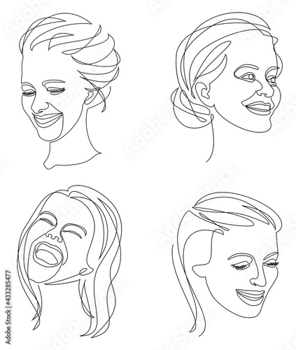 Collection. Woman head silhouette in modern one line style. The lady laughs. Continuous line drawing, aesthetic outline for home decor, posters, wall art, stickers, logo. Vector illustration set.