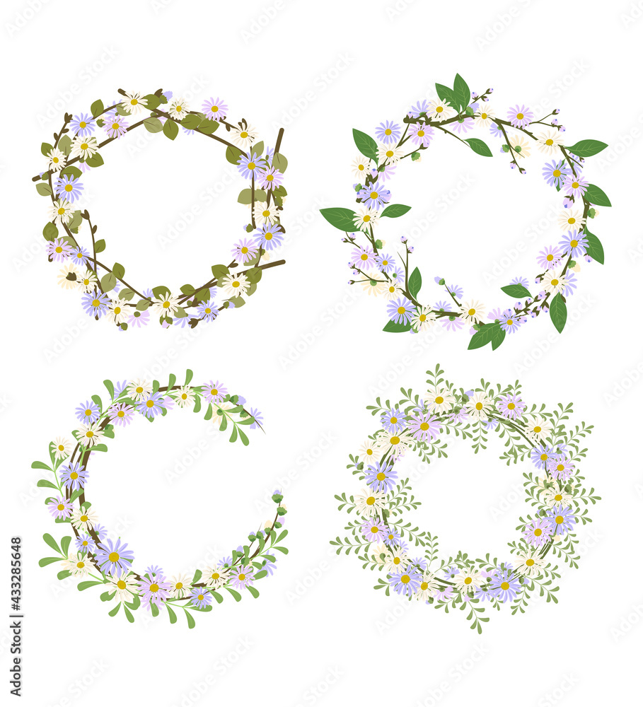 Set of daisy wreath. Round frame, cute purple and white flowers chamomile with yellow hearts. Festive decorations for wedding, holiday, postcard, poster and design Set of daisy wreath. Round frame, cute purple and white flowers chamomile with yellow hearts. Festive decorations for wedding, holiday, postcard, poster and design