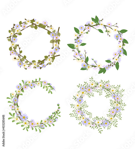 Set of daisy wreath. Round frame, cute purple and white flowers chamomile with yellow hearts. Festive decorations for wedding, holiday, postcard, poster and design