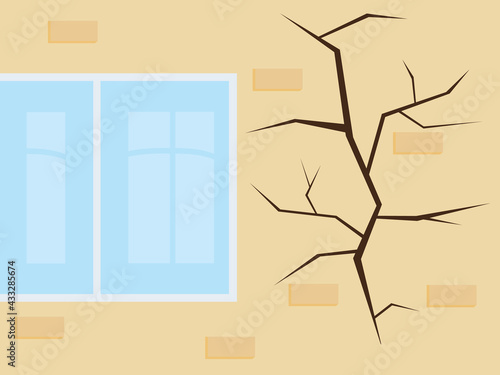 Crack on the wall near the window, vector illustration. A cleft in the plaster of the house. Damage, hole on the outer wall, brick surface of the building. 
