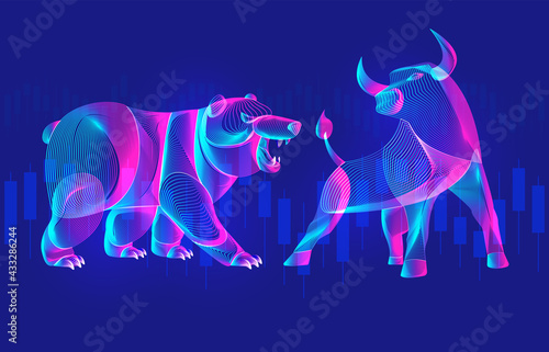 Trading and finance investment strategy concept with abstract bullish and bearish silhouettes with candlestick chart. Vector illustration of confronting neon bull and bear with growing market diagram