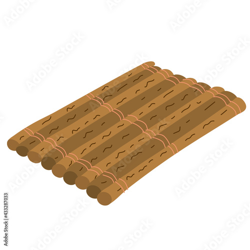 Water wooden raft. Hand drawn flat vector illustration isolated on white background.  Adventure and tourism.	