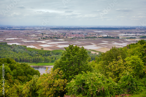 View of the Padana Po Valley, from the Monferrato hills, during springtime. Piedmont, Northern Italy, Alessandria Province.