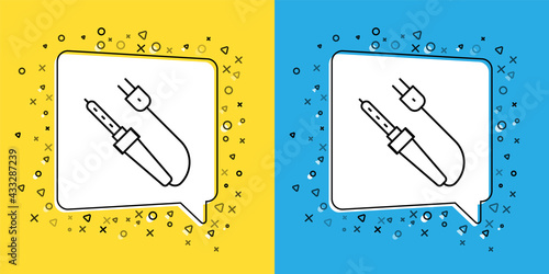 Set line Soldering iron icon isolated on yellow and blue background. Vector