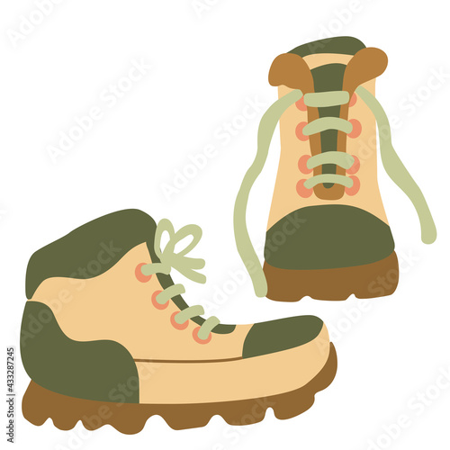 Hand drawn flat vector illustration of hiking boots isolated on white background.  Camping and tourism footwear.