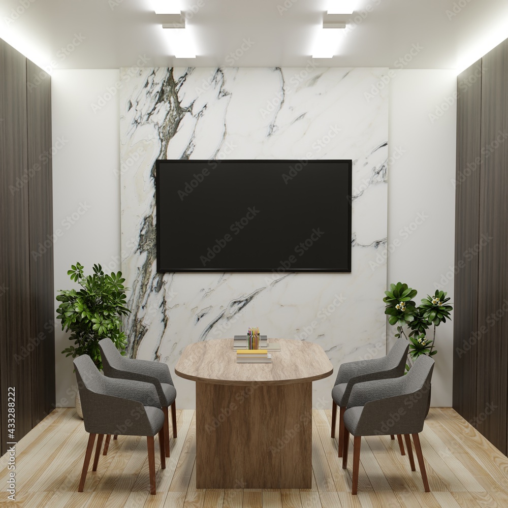 Meeting room with TV on white marble wall, with table and chairs for meeting. The side walls are dark wood and decorated with flower pots.3d rendering. Meeting room with TV on white marble wall, with table and chairs for meeting. The side walls are dark wood and decorated with flower pots.3d rendering.