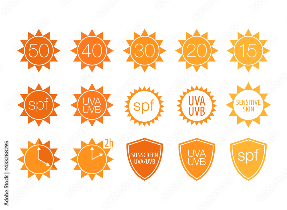 Spf Sunscreen Sun Protection Icon Labels For Cosmetic Product Packaging Sun Safety Sunblock Cream Design Elements Sun Silhouettes Sun Safety Clock Safe Sunbathing Hours Protective Shield Vector Stock Vector Adobe Stock