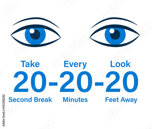 Digital eye strain prevent 20-20-20 rule poster with eyes. Clipart image