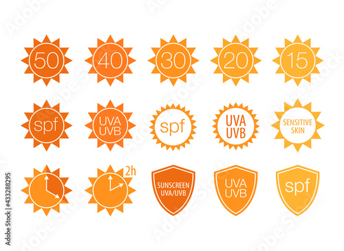 SPF sunscreen sun protection icon labels for cosmetic product packaging. Sun safety sunblock cream design elements: sun silhouettes, sun safety clock, safe sunbathing hours, protective shield vector.