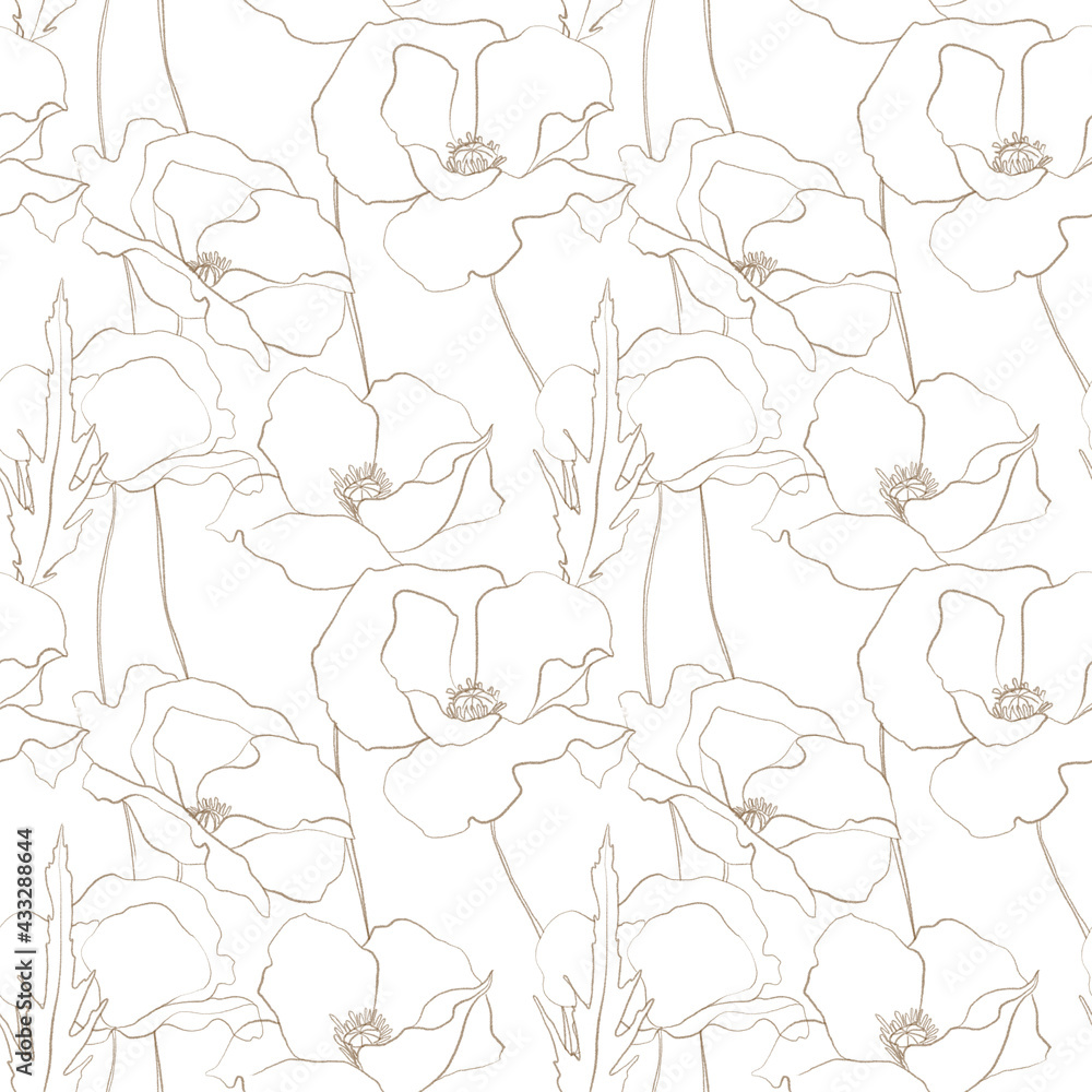 Meadow flowers seamless pattern. Summer flowers. Pencil Sketched flowers. Poppy Flowers field pattern. Meadow flowers seamless pattern. Summer flowers. Pencil Sketched flowers. Poppy Flowers field pattern.