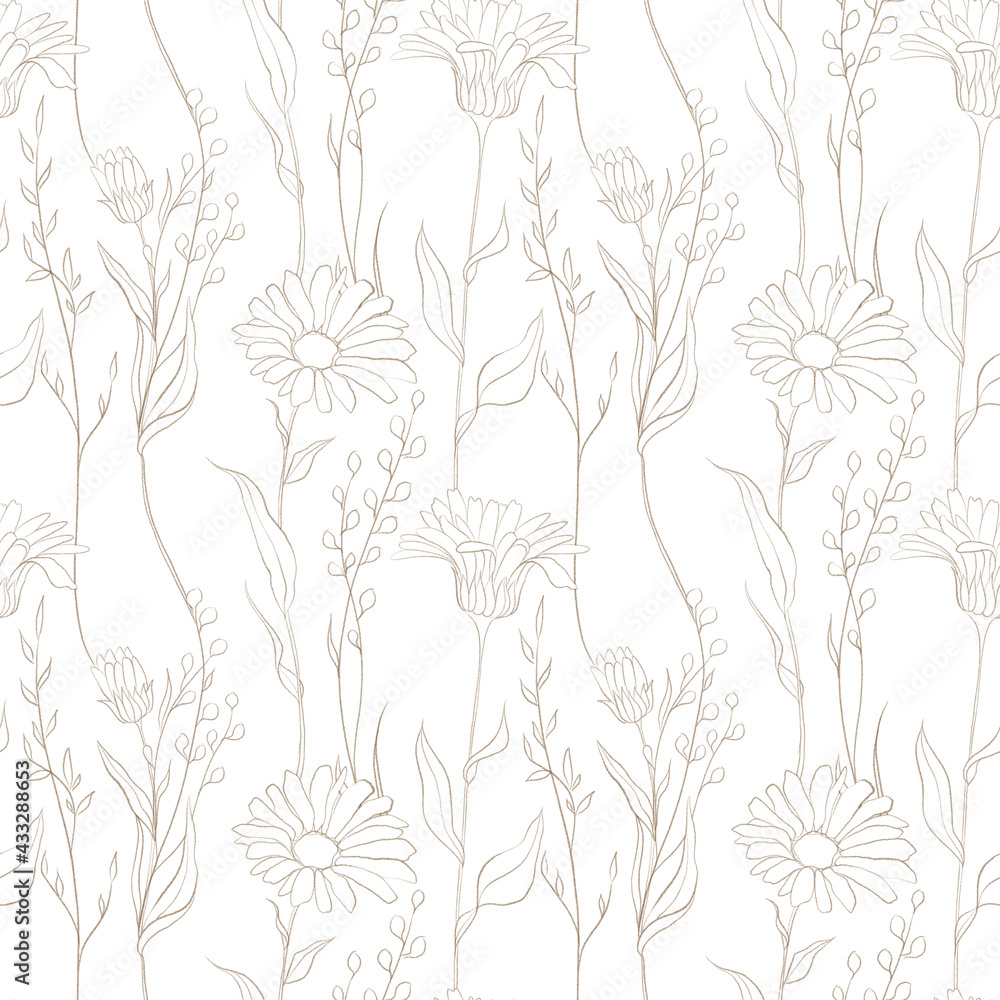 Fototapeta premium Meadow flowers seamless pattern. Summer flowers. Pencil Sketched flowers. Flowers field pattern.