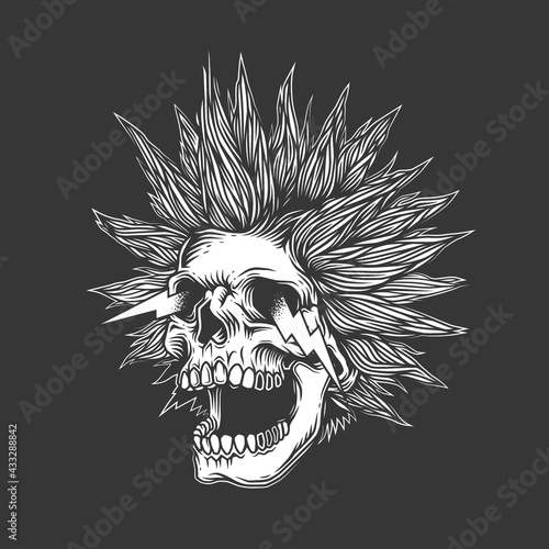 Original monochrome vector illustration. A crazy skull with a crazy hairstyle with sparks from the eyes. T-shirt design, stickers, print.