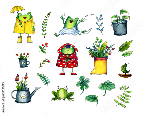set of watercolor elements - cute frogs, yellow rubber boot, watering can, bucket, mug, berries and leaves.