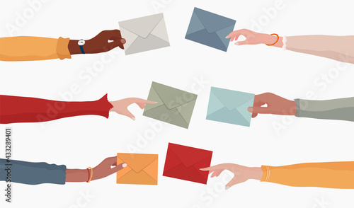 Arms and hands of multiethnic people holding an email as a concept of electronic mail information and sharing online. Send and receive messages. Colleagues or co-workers or friends. Team