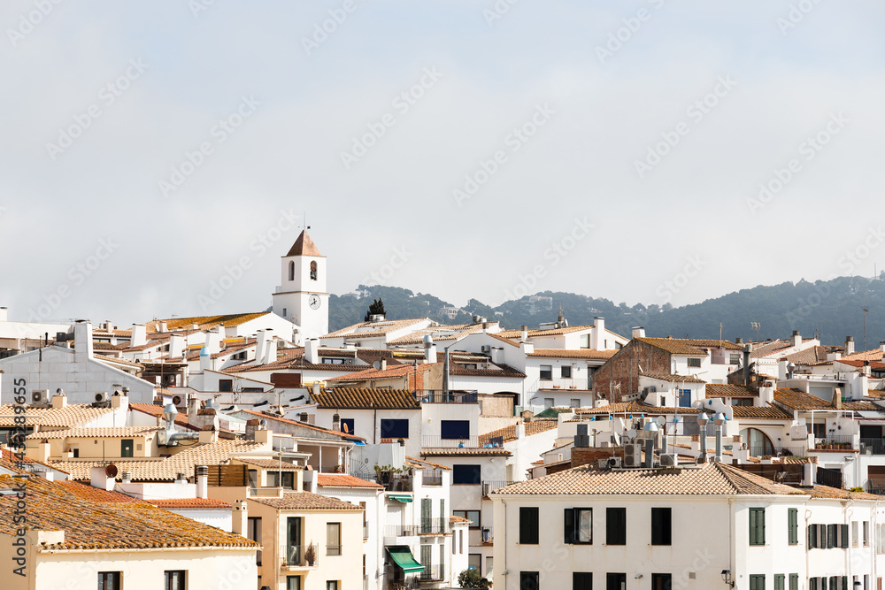 Close up of the houses and Landscape of the city of Calella de Palafrugell in Catalonia, Spain.