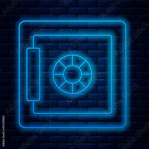 Glowing neon line Safe icon isolated on brick wall background. The door safe a bank vault with a combination lock. Reliable Data Protection. Vector