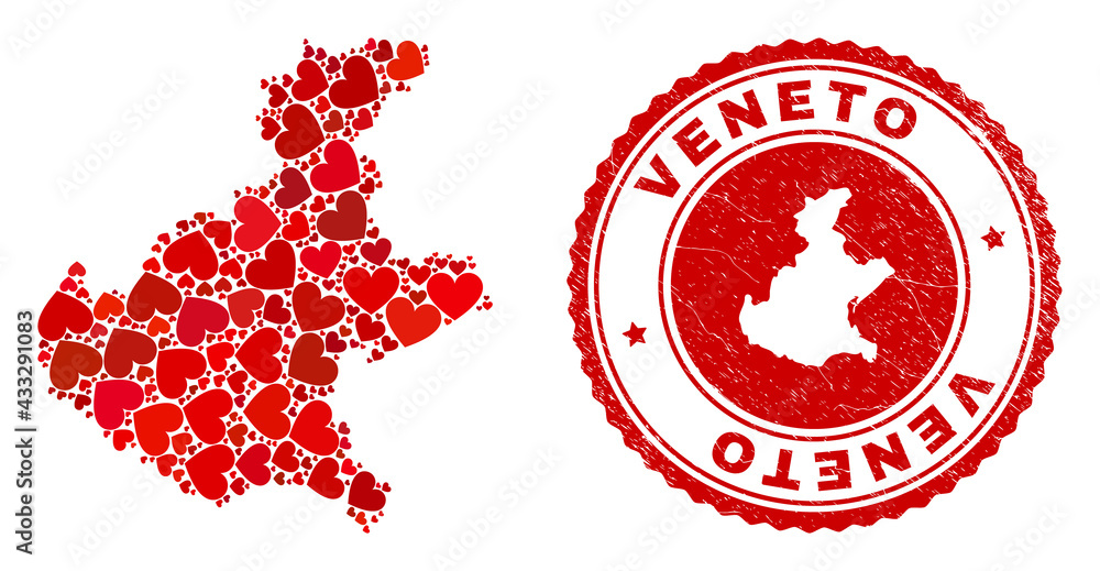 Fototapeta premium Mosaic Veneto region map formed with red love hearts, and dirty stamp. Vector lovely round red rubber stamp imprint with Veneto region map inside.