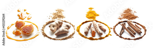 Circle of spices and honey on white background