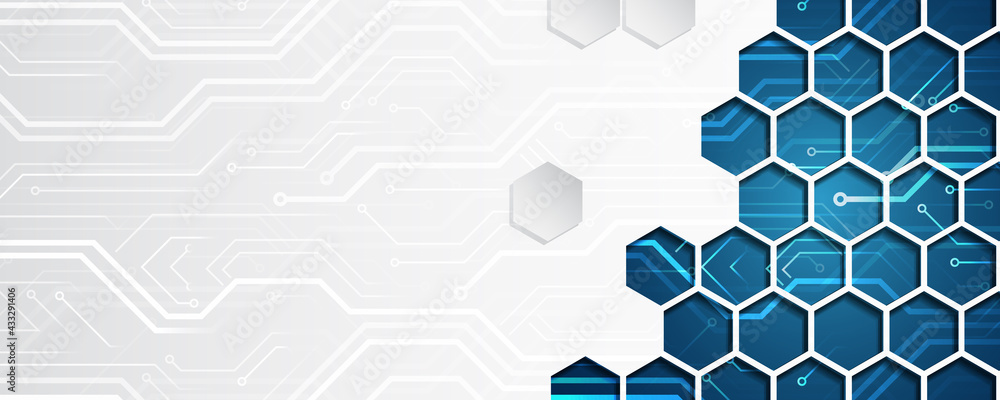 Wide Hi tech futuristic technology background. Abstract Engineering, Communication, Sci fi concept. Vector design with hexagons.