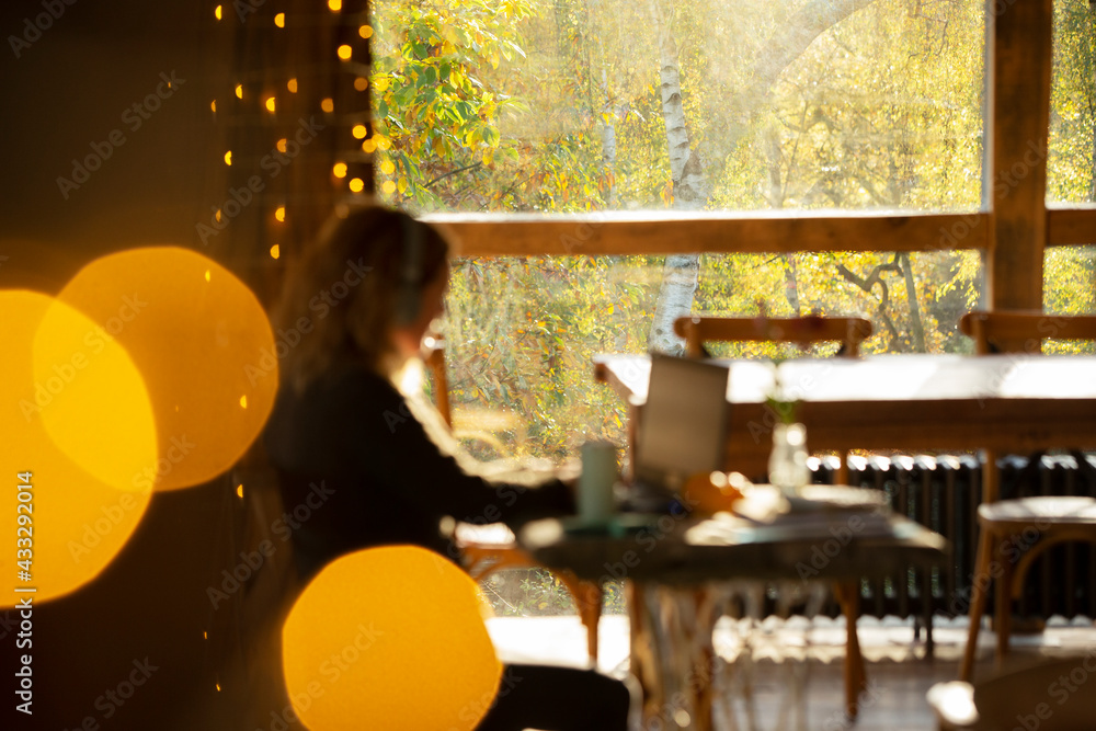 Businesswoman working in cafe with window view of autumn trees Businesswoman working in cafe with window view of autumn trees