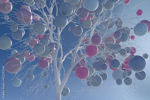 Digitally generated image pastel balls growing on white tree