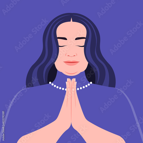 A curvy woman is praying God. Face with closed eyes. Meditation. Vector flat illustrations