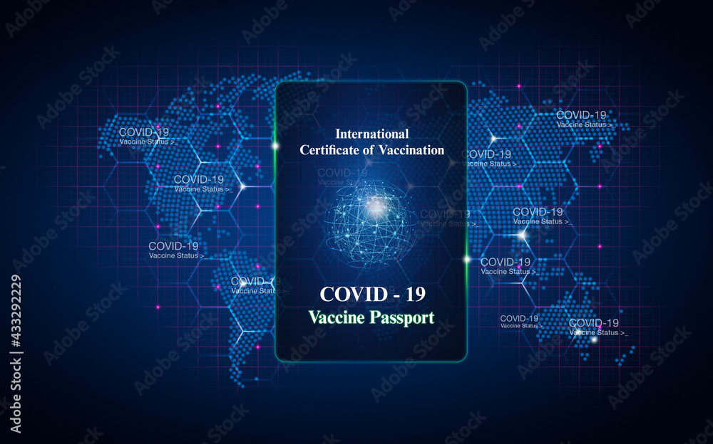 Digitally generated image Covid passport over blue map