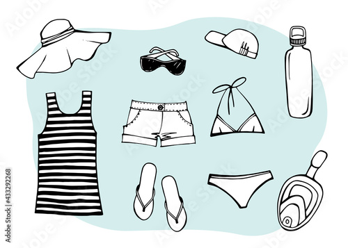 Most popular clothing on vacation. Summer beach set. Striped sleeveless tank top, sun hat, sunglasses, slippers, swimsuit and summer shorts. Hand drawn sketch. Line art. Vector illustration on white.