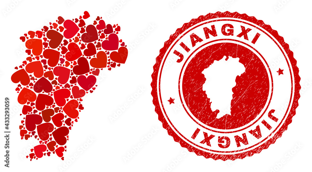 Mosaic Jiangxi Province map formed with red love hearts, and unclean stamp. Vector lovely round red rubber stamp imitation with Jiangxi Province map inside. Mosaic Jiangxi Province map formed with red love hearts, and unclean stamp. Vector lovely round red rubber stamp imitation with Jiangxi Province map inside.