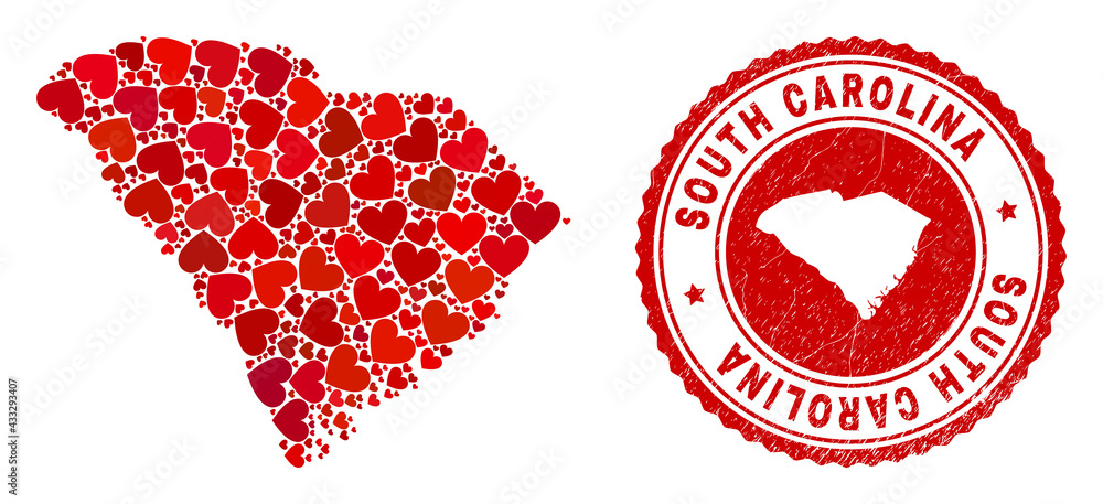 Mosaic South Carolina State map composed with red love hearts, and grunge badge. Vector lovely round red rubber seal imitation with South Carolina State map inside. Mosaic South Carolina State map composed with red love hearts, and grunge badge. Vector lovely round red rubber seal imitation with South Carolina State map inside.
