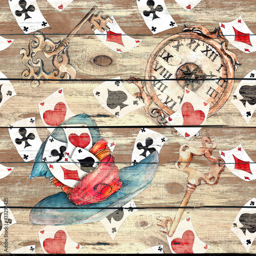 Alice in Wonderland cute watercolor seamless pattern on seamless wooden background