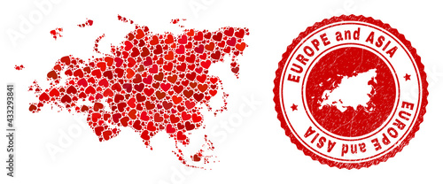 Collage Europe and Asia map formed with red love hearts, and rubber stamp. Vector lovely round red rubber stamp imitation with Europe and Asia map inside.