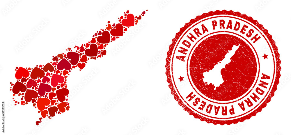 Collage Andhra Pradesh State map composed with red love hearts, and unclean seal. Vector lovely round red rubber seal imitation with Andhra Pradesh State map inside. Collage Andhra Pradesh State map composed with red love hearts, and unclean seal. Vector lovely round red rubber seal imitation with Andhra Pradesh State map inside.