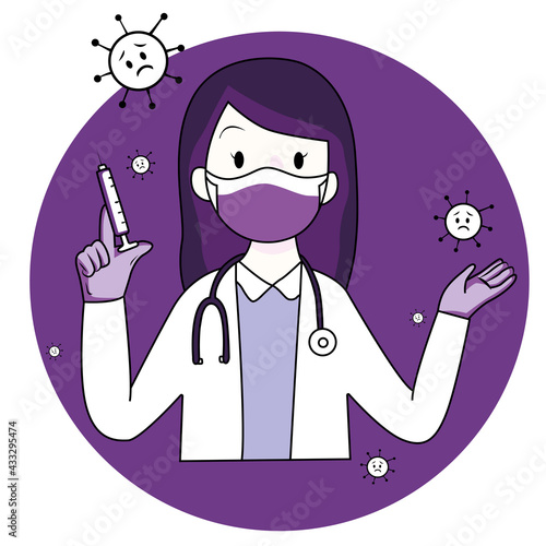 icon of a nurse with a vaccine against coronavirus on a white and purple background