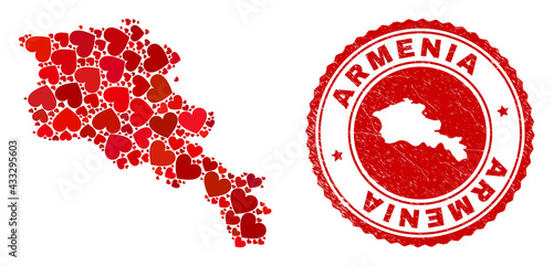 Mosaic Armenia map formed with red love hearts, and rubber seal stamp. Vector lovely round red rubber seal imitation with Armenia map inside.