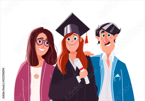 Graduation. Parents hug the student who graduated from the university, school, college. Teen woman graduate is in a black mortar board, with a red tassel, in a dress, a diploma in her hand. Isolated.
