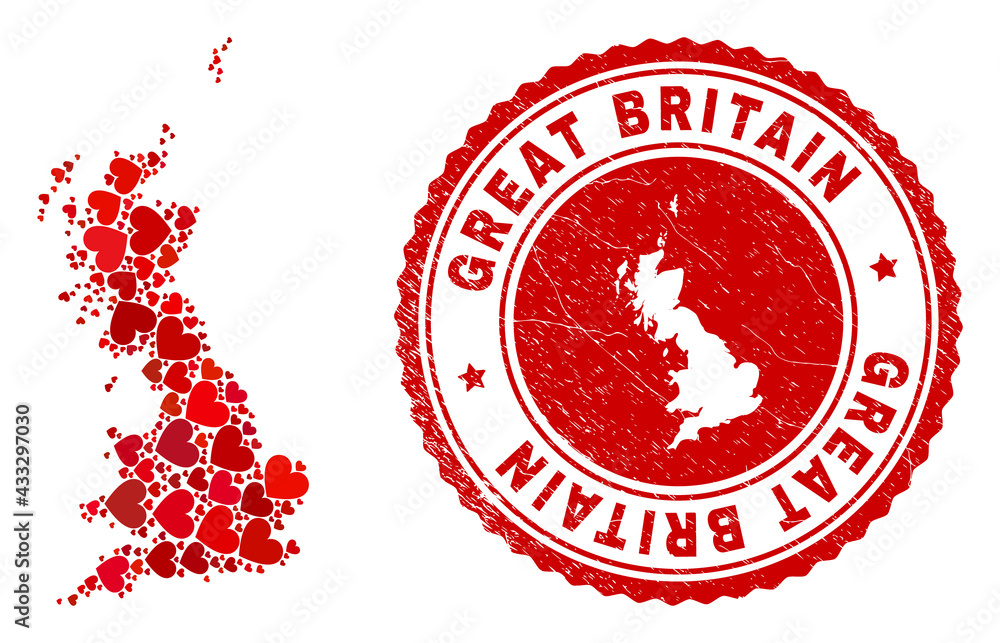 Collage Great Britain map composed with red love hearts, and grunge stamp. Vector lovely round red rubber seal stamp imitation with Great Britain map inside. Collage Great Britain map composed with red love hearts, and grunge stamp. Vector lovely round red rubber seal stamp imitation with Great Britain map inside.