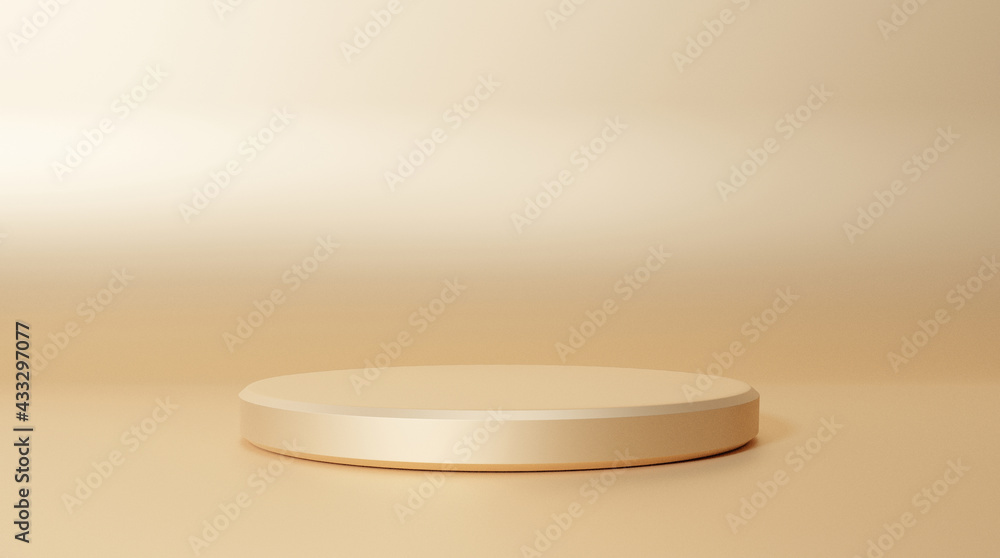 Gold podium color 3D background with empty geometric shapes circle, pedestal on one floors Curved wall the platform for product presentation minimal stand, copy space, rendering Gold podium color 3D background with empty geometric shapes circle, pedestal on one floors Curved wall the platform for product presentation minimal stand, copy space, rendering