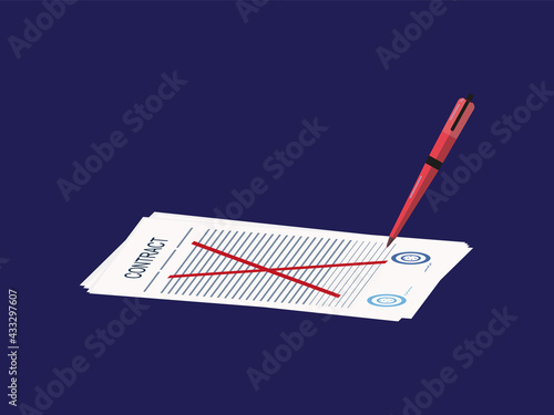 The contract has been crossed out with a red pen. Vector illustration.The concept of termination old, refusal contract. Failed deal. Violation of conditions commercial agreement. Expired treaty.