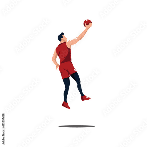 basket ball player doing a "lay up" to score on basket ball game - illustrations of sport man doing "lay up" to score on a basketball game cartoon isolated on white © Owl Summer