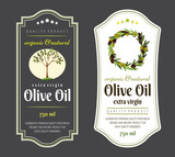 Set of flat labels and badges of olive oil. illustrations for olive oil labels, packaging design, natural products, restaurant. Olive oil labels. Hand drawn templates for olive oil packaging