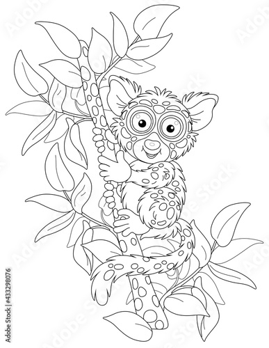 Funny small Philippine tarsier, tree-dwelling exotic primate with very large eyes and a long tufted tail, sitting on a green tree branch in a tropical jungle, black and white outline vector cartoon