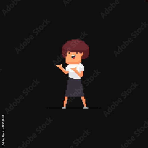 Pixel art cute girl in office outfit showing something with her hands